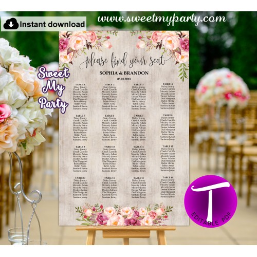 Boho seating chart template, Floral seating chart template, (31)